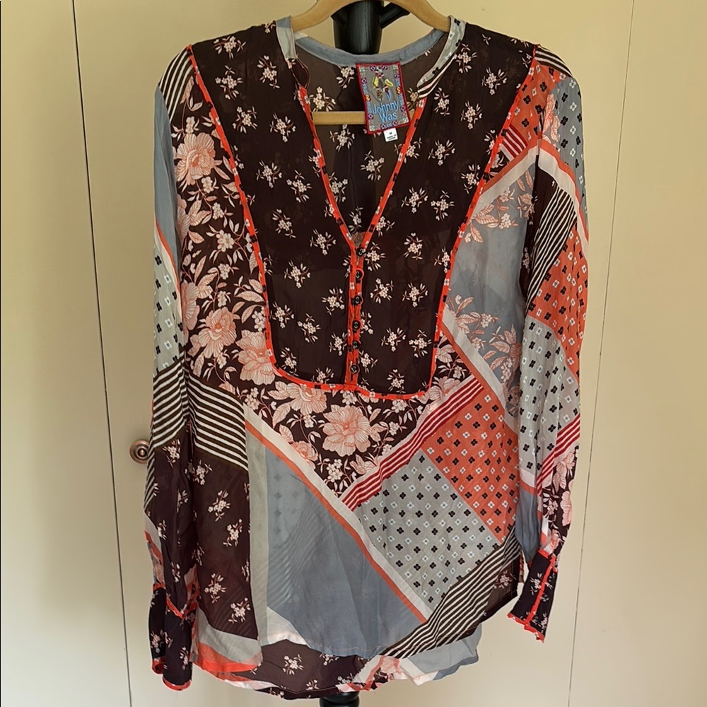 Johnny Was Red and Gray and brown Long Sleeve Blouse with Mandarin Collar.